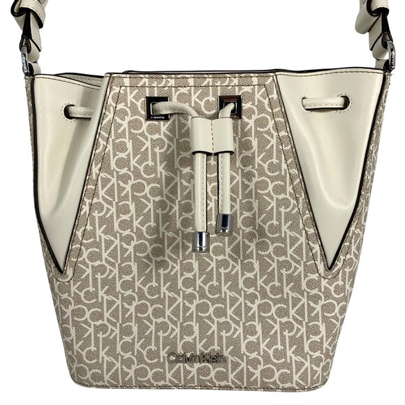 CALVIN KLEIN Taupe/Bone White CK Signature Logo Drawstring Bucket Shoulder Bag - Picture 2 of 14